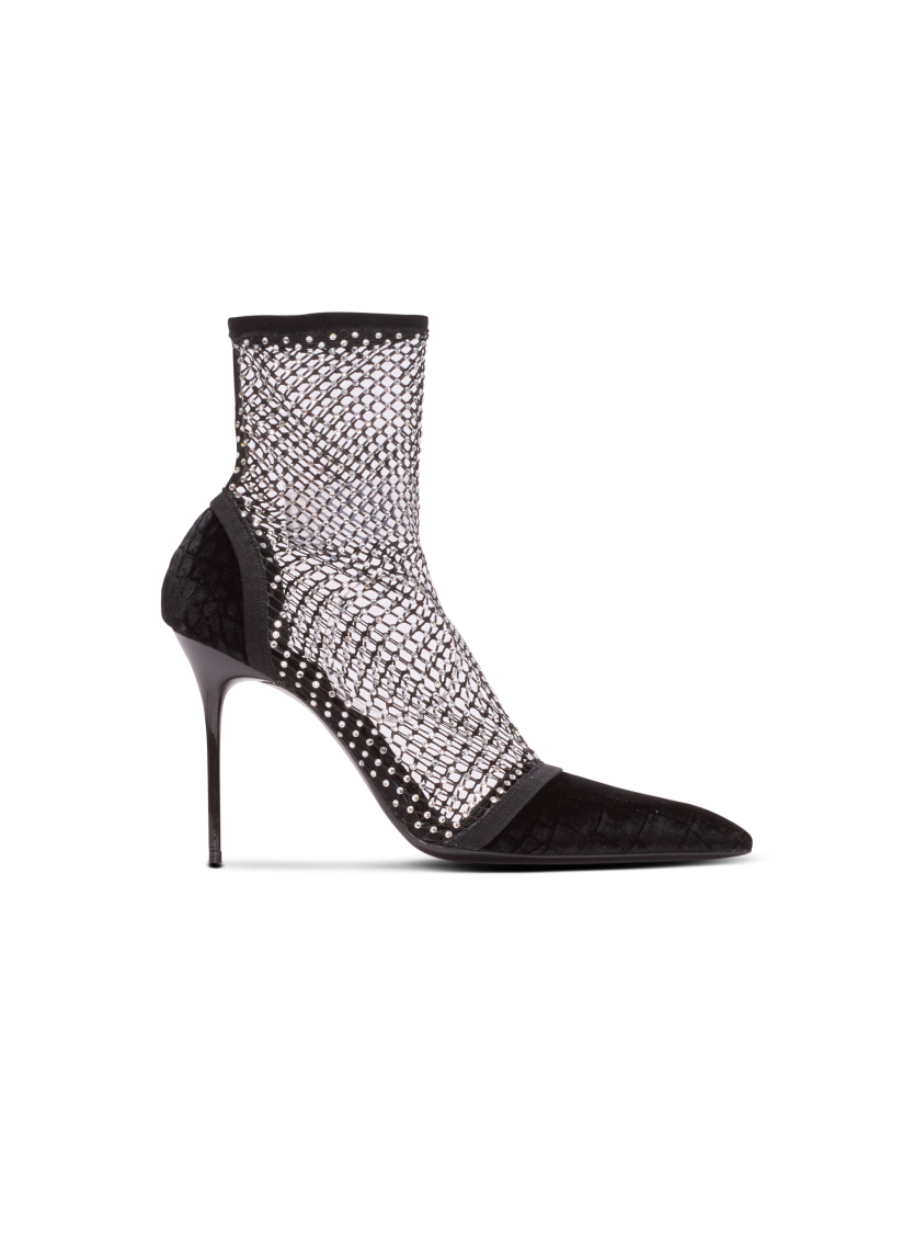 Mesh heeled ankle boots with velvet and rhinestones