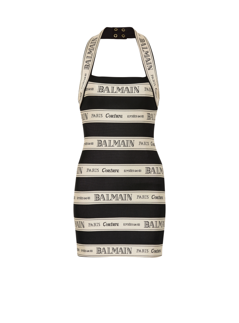 Jacquard halterneck dress with Balmain ribbon motif