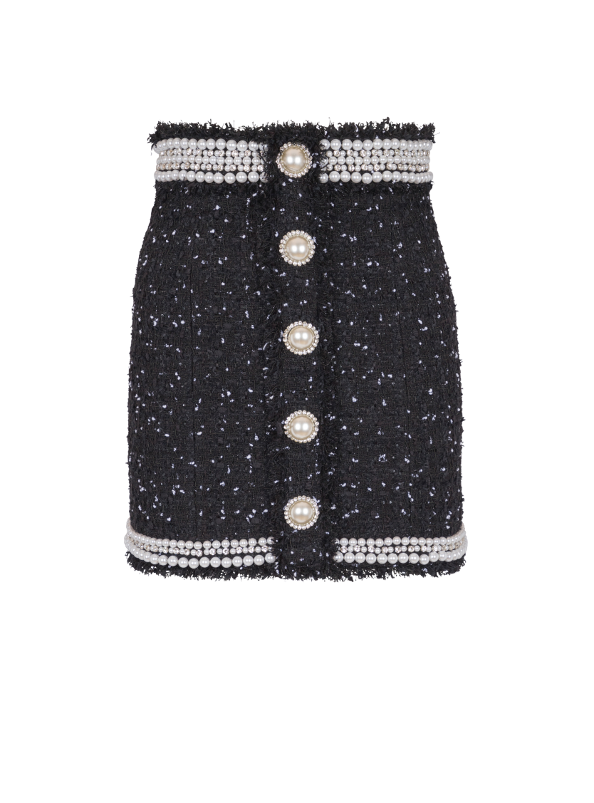 Short embroidered polka-dot tweed skirt