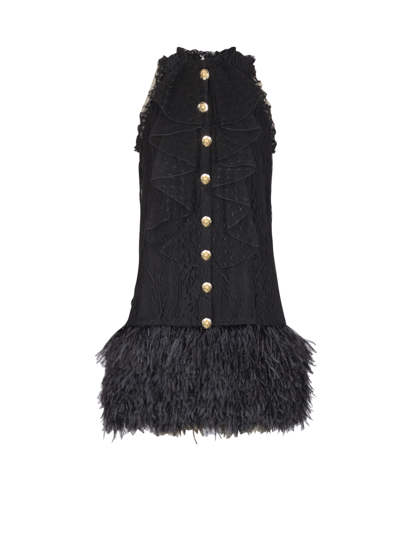 Flowing lace and feather dress