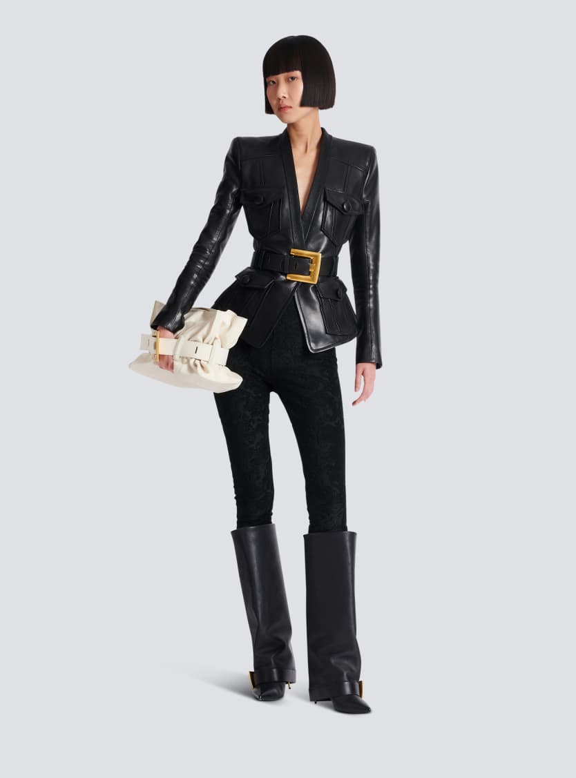 1-button belted leather jacket