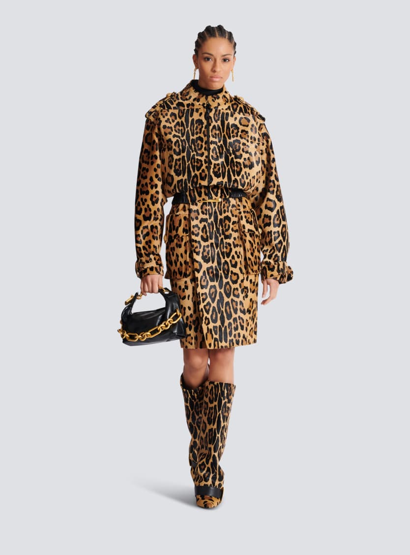 Ponyskin-style leather midi skirt with leopard pattern