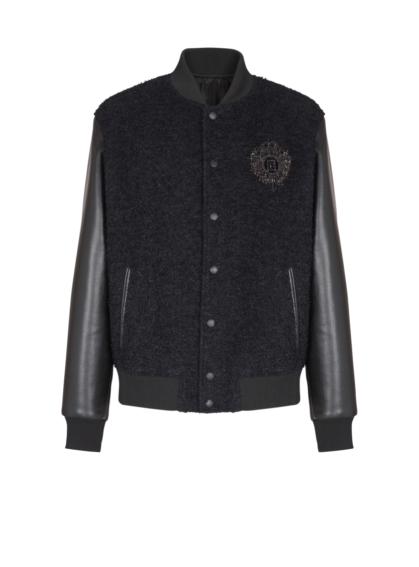 Varsity tweed and faux leather jacket