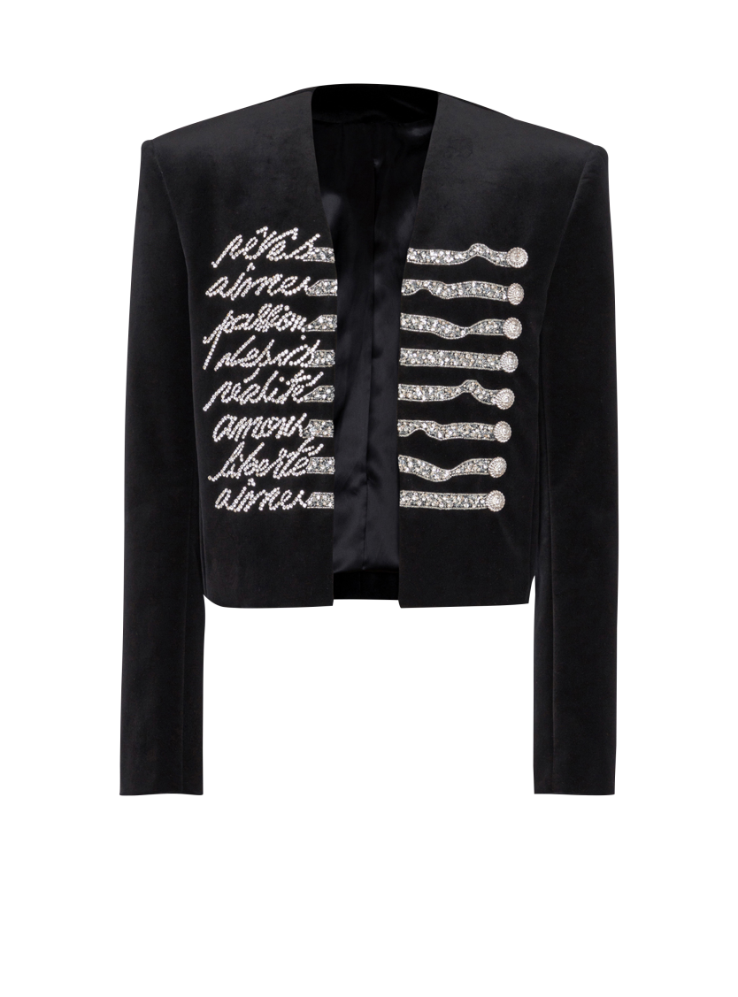 Cropped velvet jacket with "Love Letter" embroidery