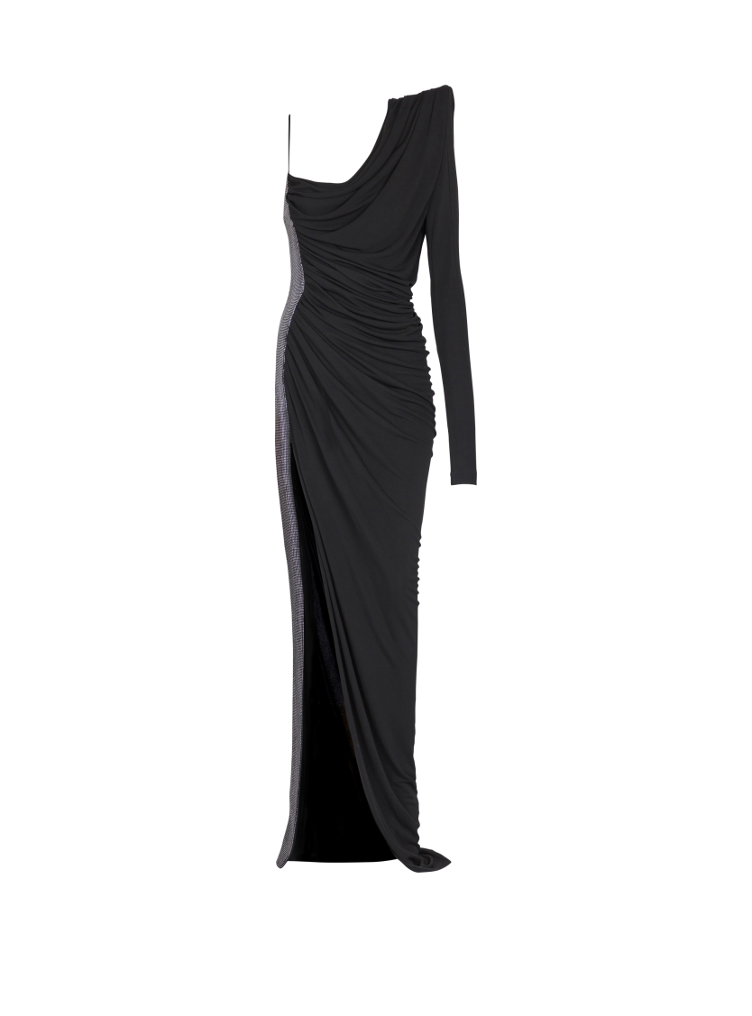 Draped asymmetrical two-material dress
