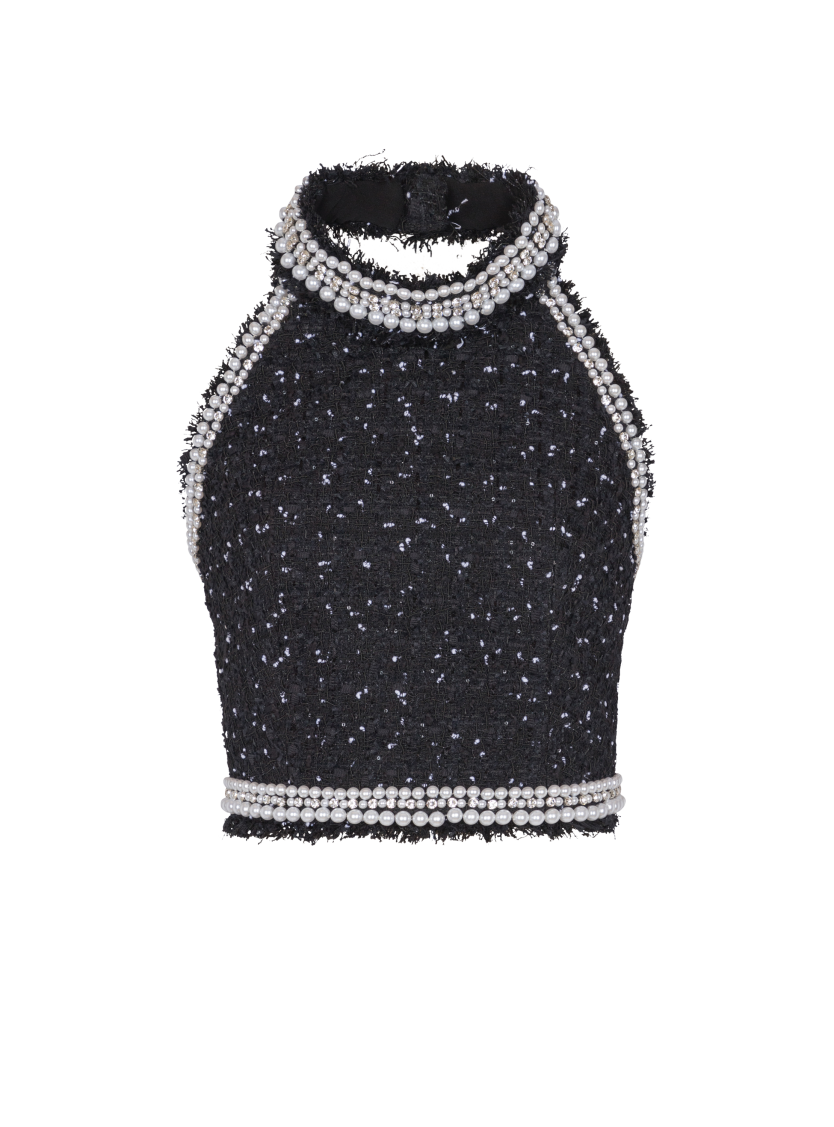Embroidered polka-dot tweed halterneck top