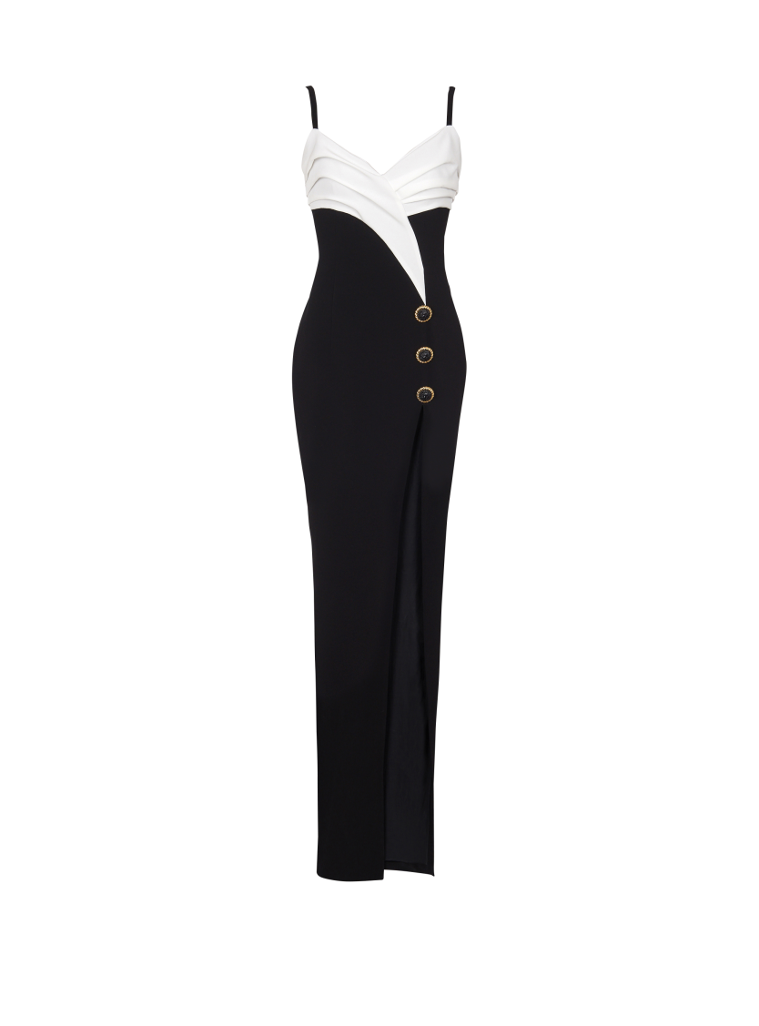 Two-tone long crepe dress with leg slit