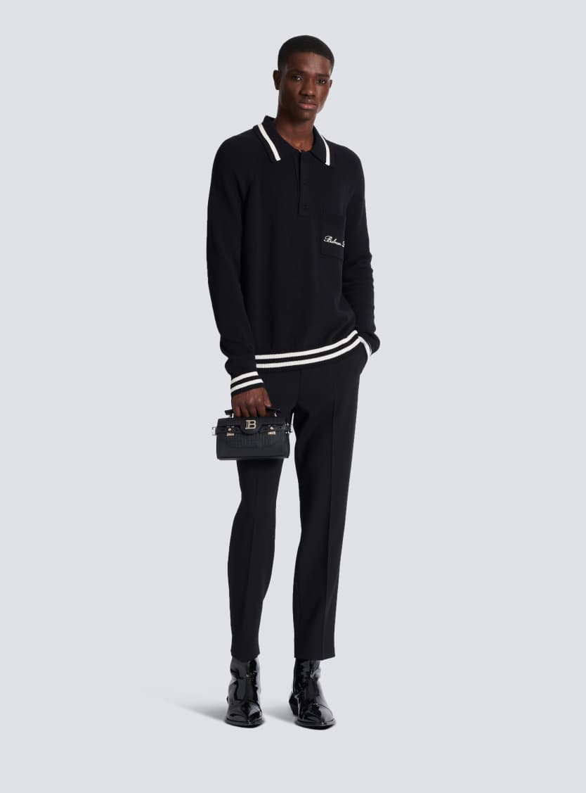 Long-sleeved wool polo shirt with embroidery