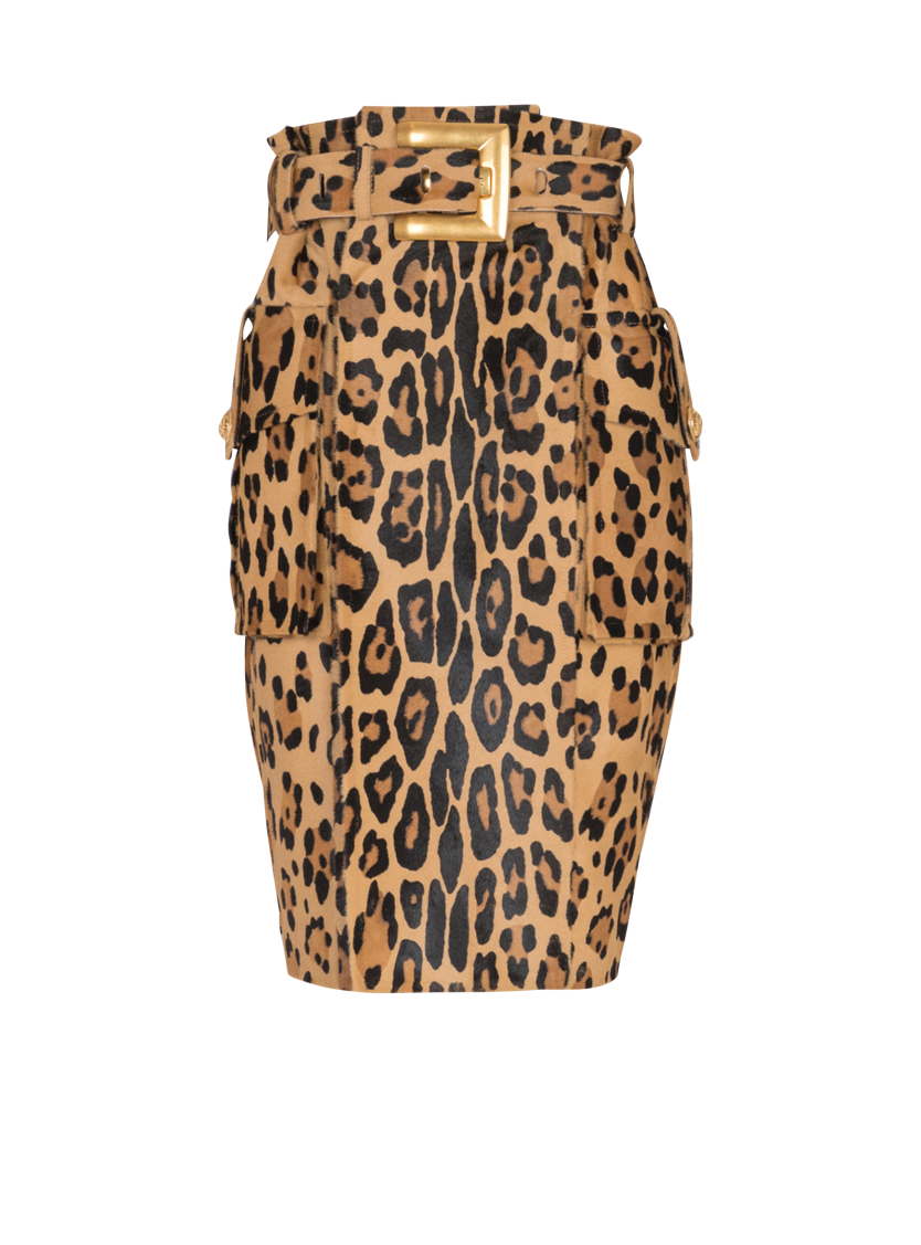 Ponyskin-style leather midi skirt with leopard pattern