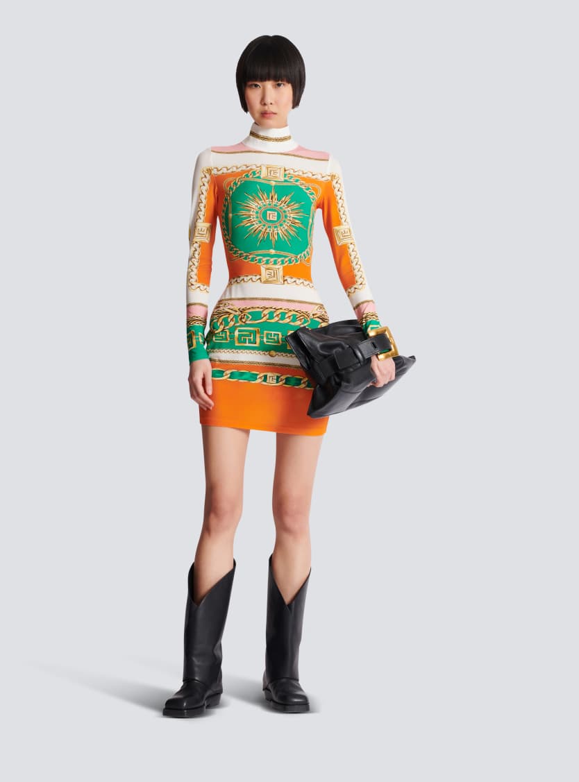 Short printed bodycon dress with Balmain Foulard pattern