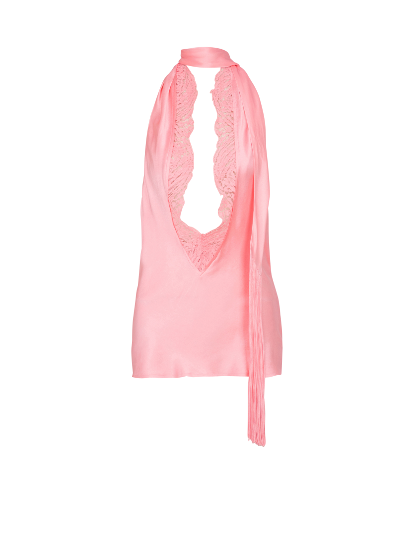 Backless fringed satin top