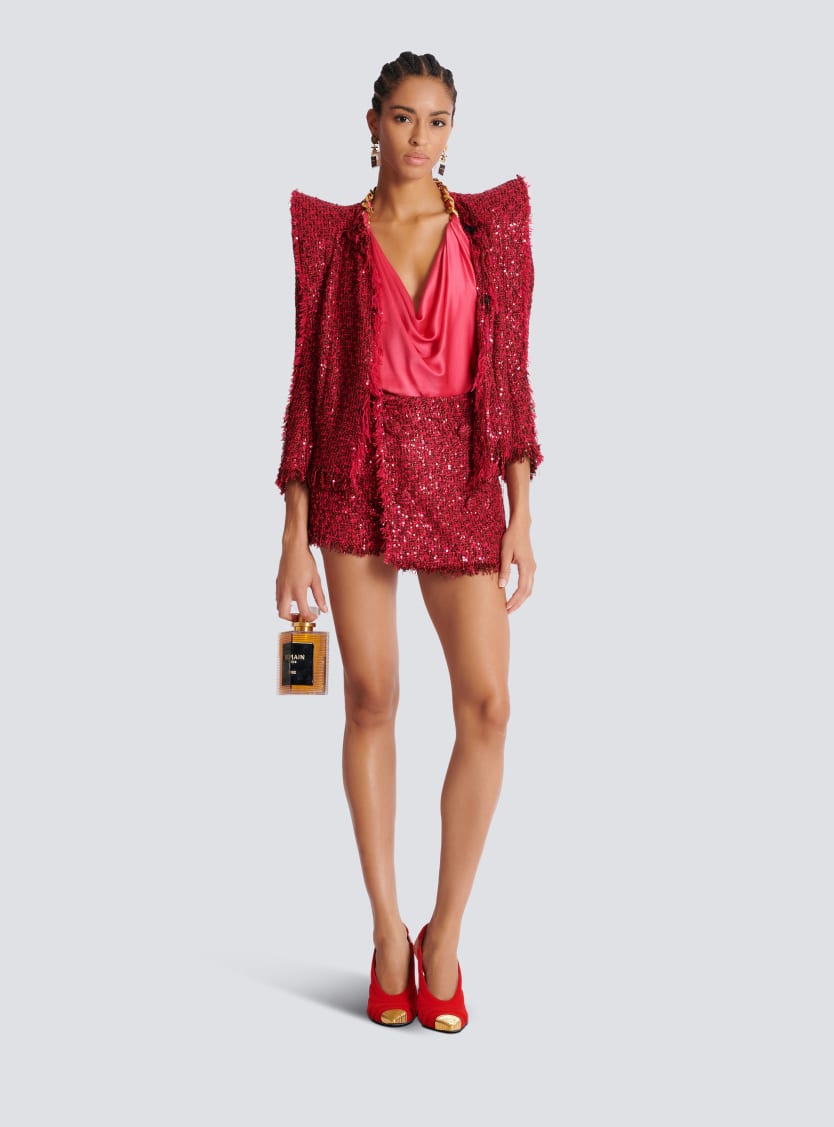 Edge-to-edge sequin tweed jacket