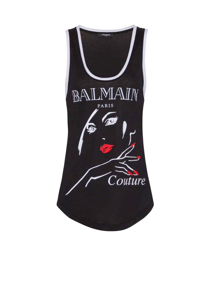 Flocked relaxed tank top with Balmain Beauty print