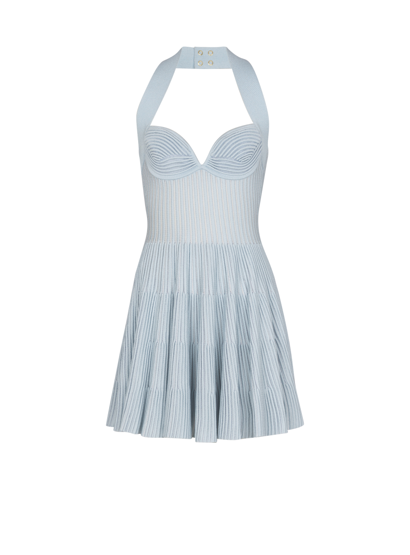 Textured knit halterneck A-line dress