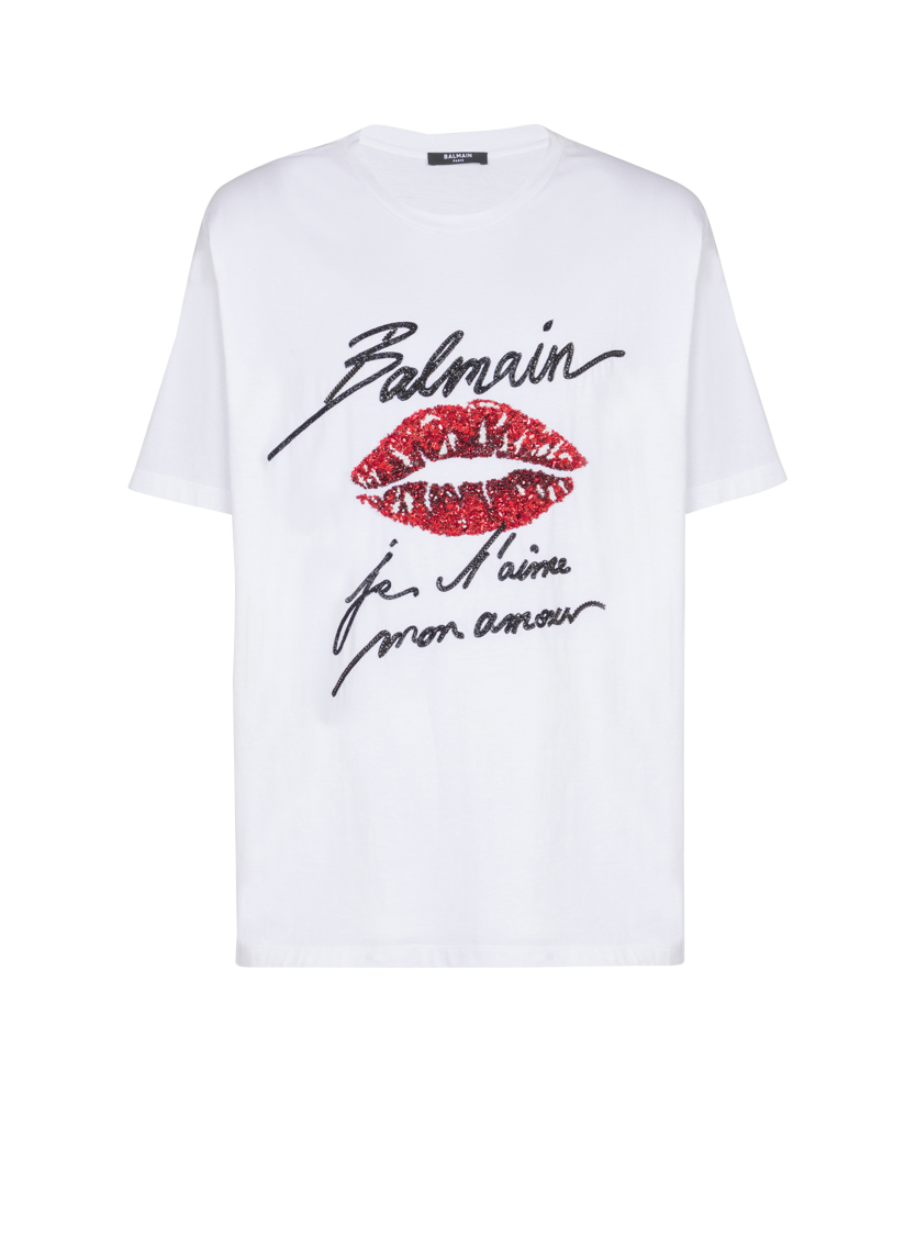 Embroidered T-shirt with Balmain "Love Letter" and Lips