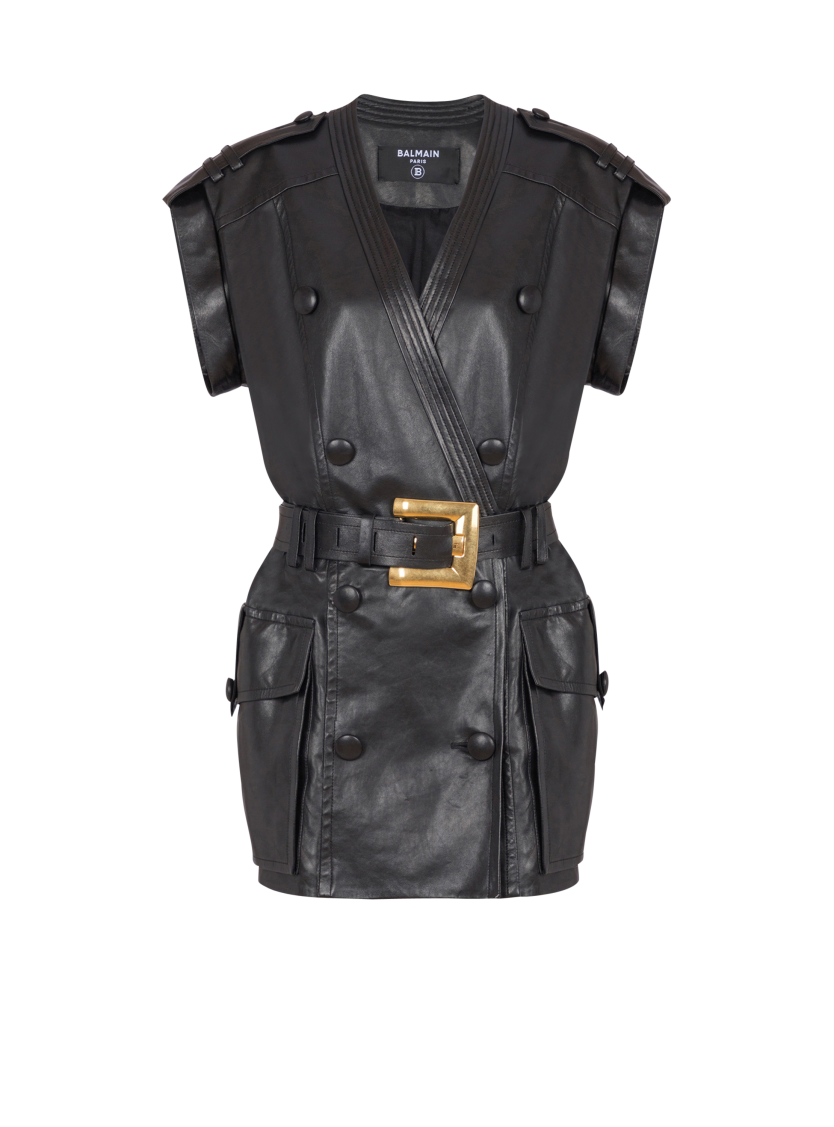 Lambskin leather short belted dress