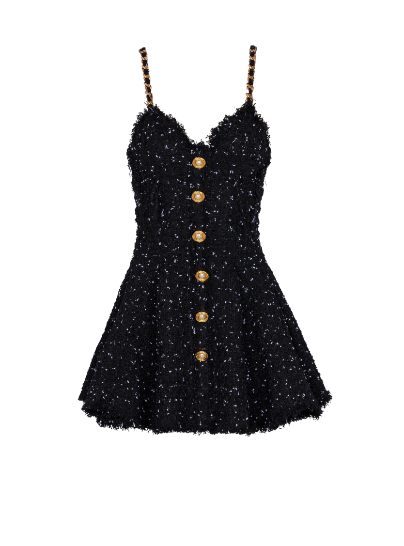 Strappy polka-dot tweed dress