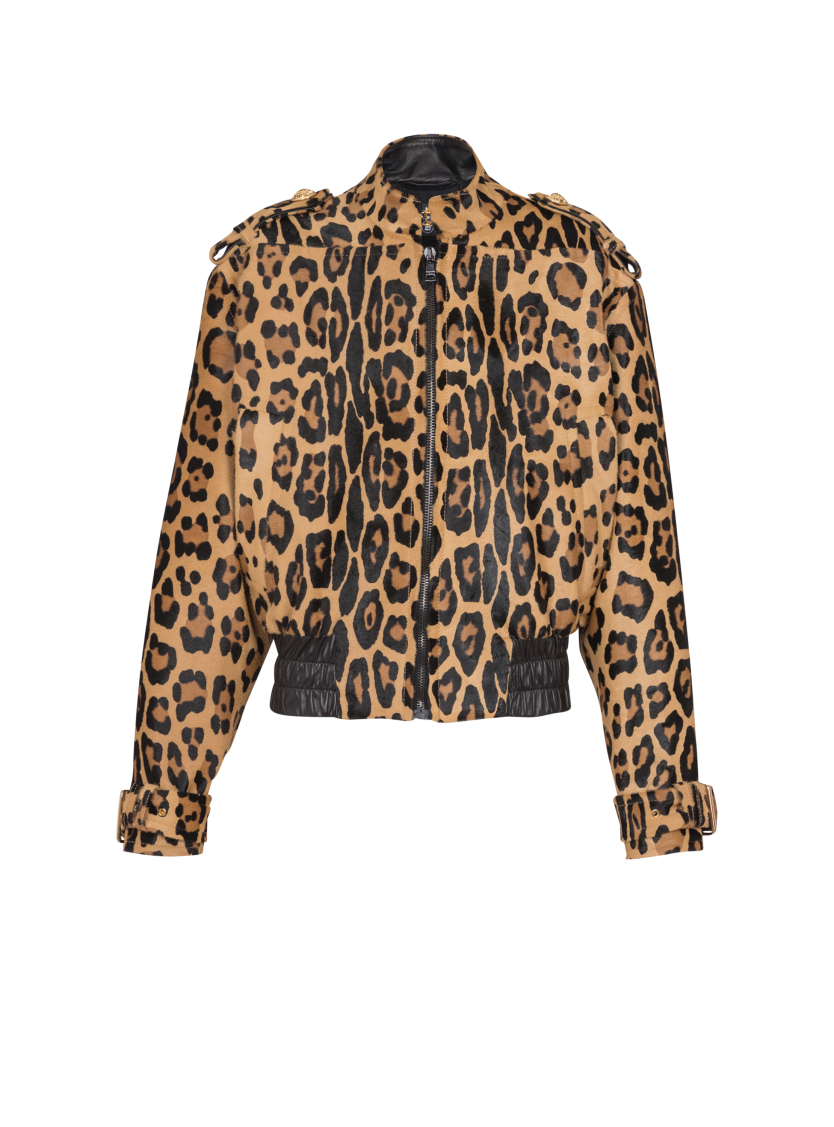 Ponyskin-style leather bomber jacket with leopard pattern