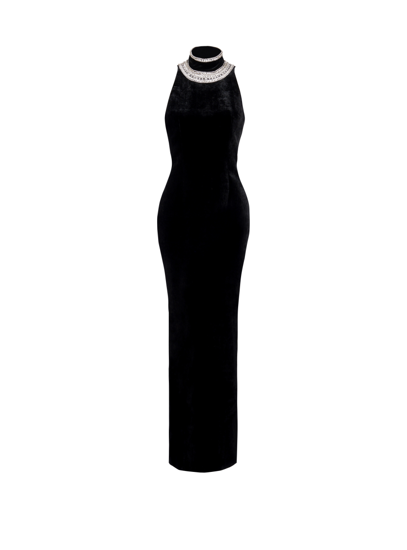 Embroidered velvet halterneck dress