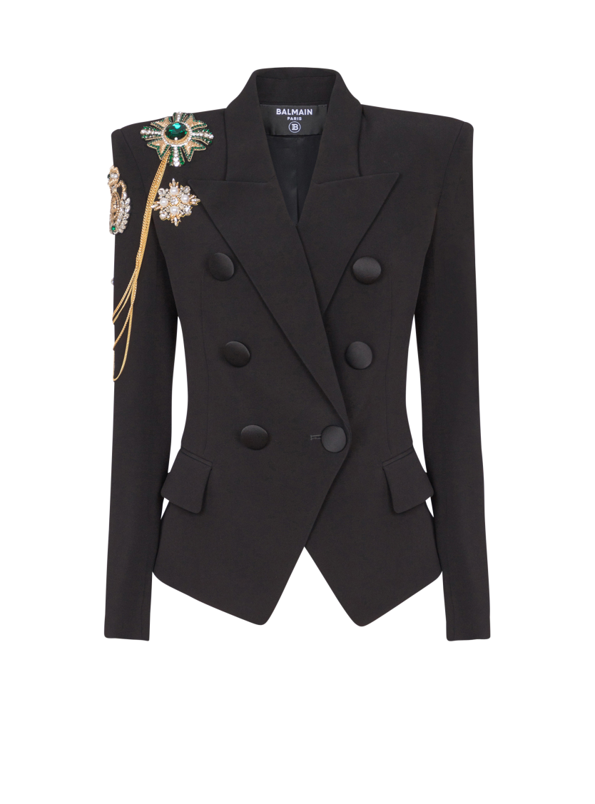 Crepe 6-button jacket with embroidered patches