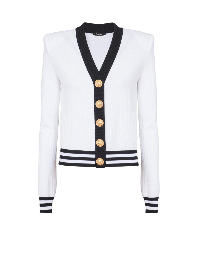 Two-tone monogrammed knit cardigan