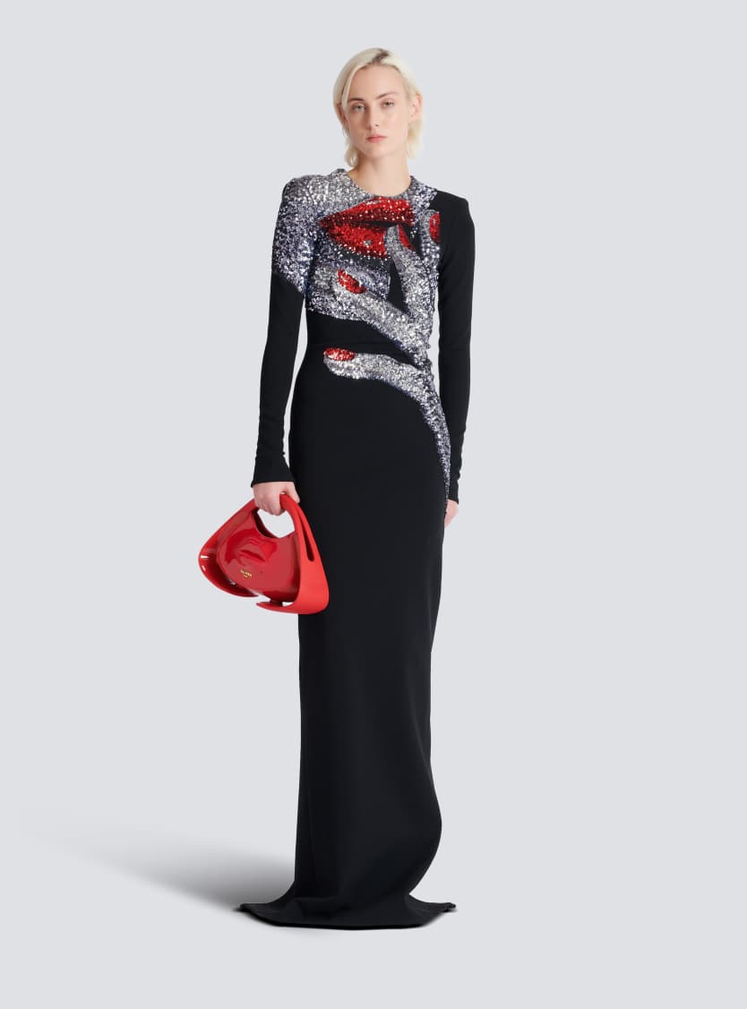 Long embroidered dress with Face motif