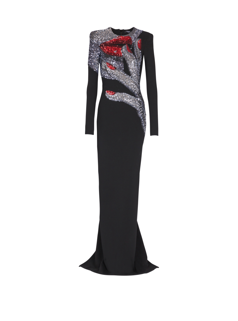 Long embroidered dress with Face motif