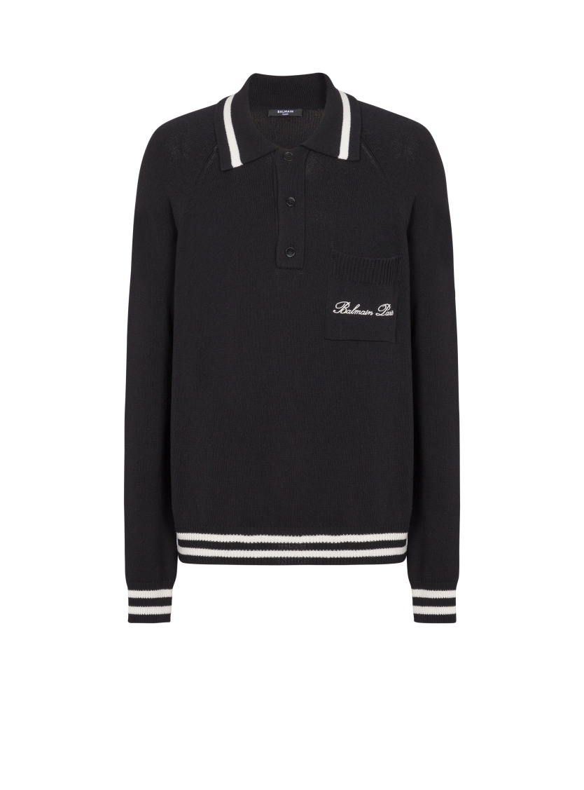 Long-sleeved wool polo shirt with embroidery