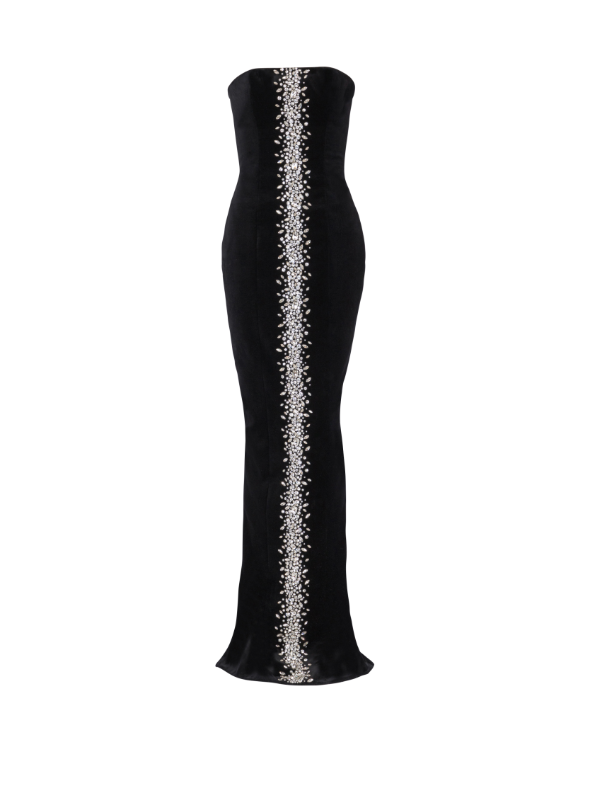 Long embroidered velvet bustier dress