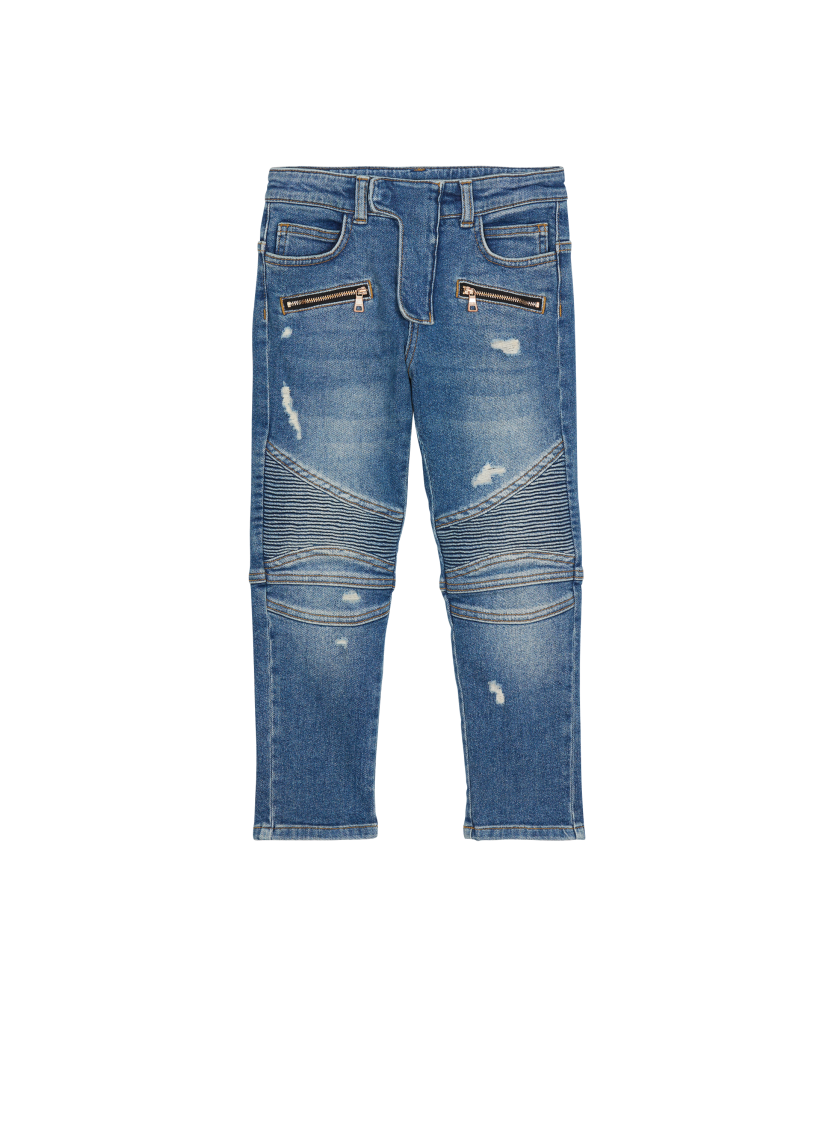 Blue denim biker jeans