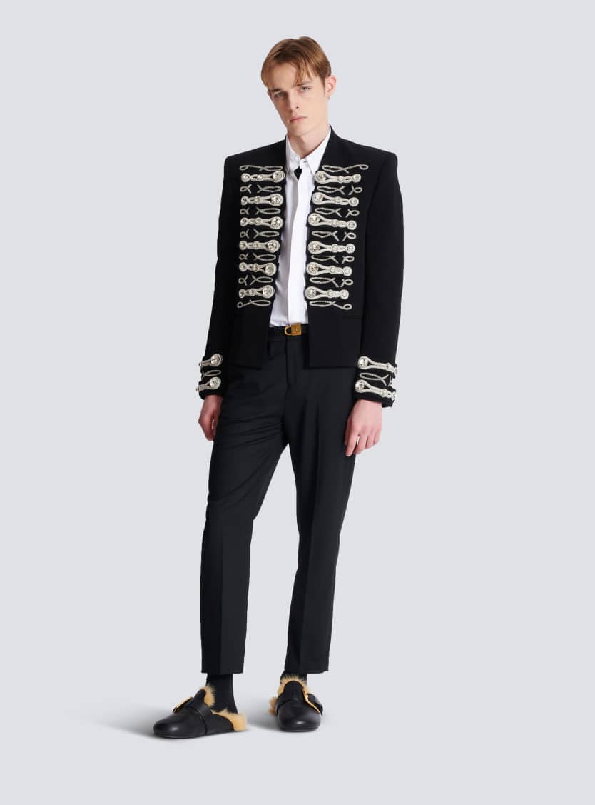 Crepe spencer jacket with embroidered frogging