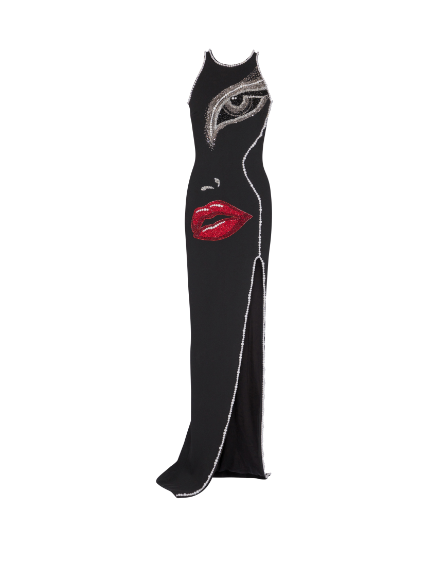 Long embroidered dress with Face motif