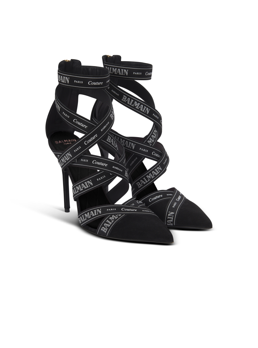 Couture suede heels with Balmain ribbon motif