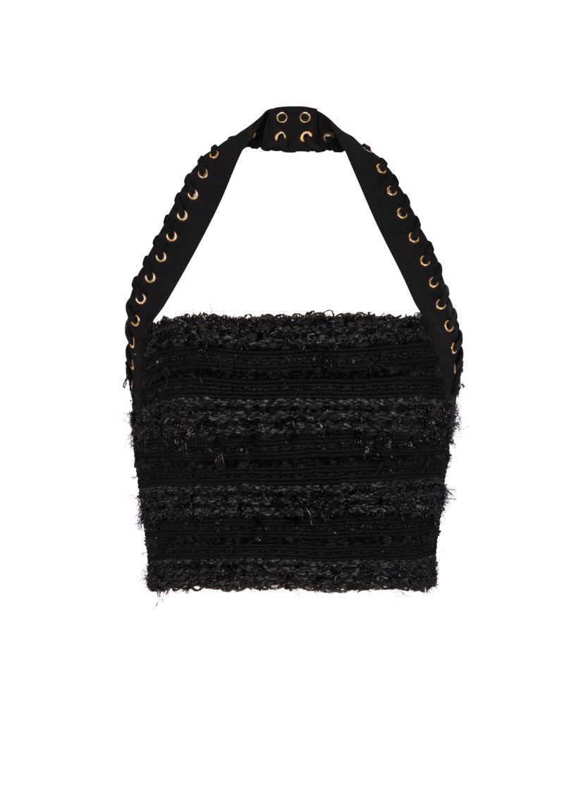 Halterneck top in tweed-effect knit
