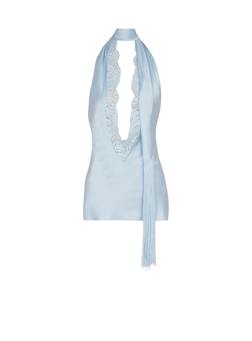 Backless fringed satin top