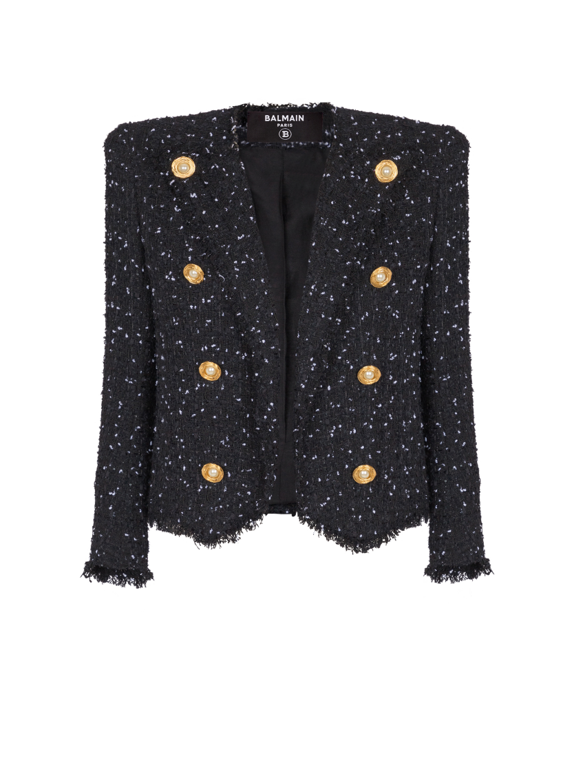 Cropped 8-button jacket in polka-dot tweed