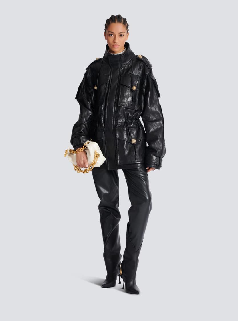 Lambskin leather parka with topstitched Diamond pattern