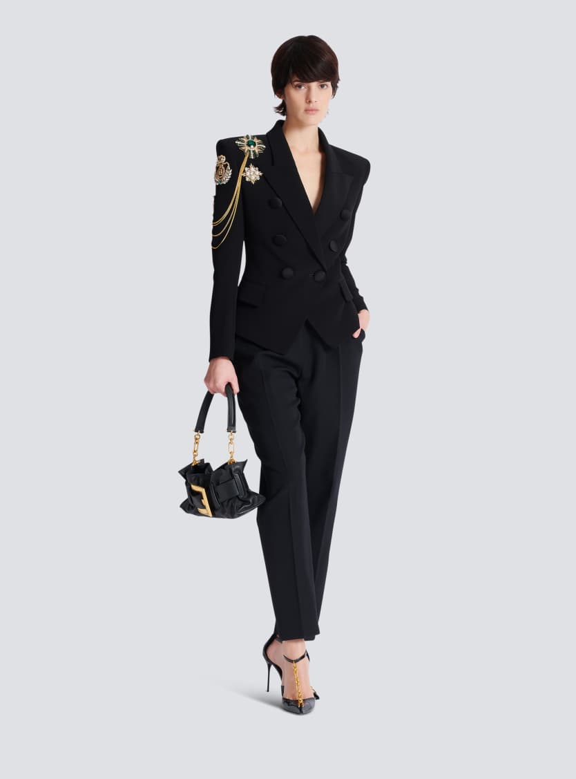 Crepe 6-button jacket with embroidered patches