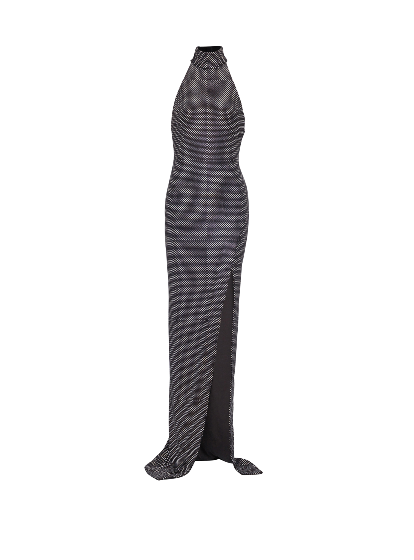 Long velvet halterneck dress with rhinestones