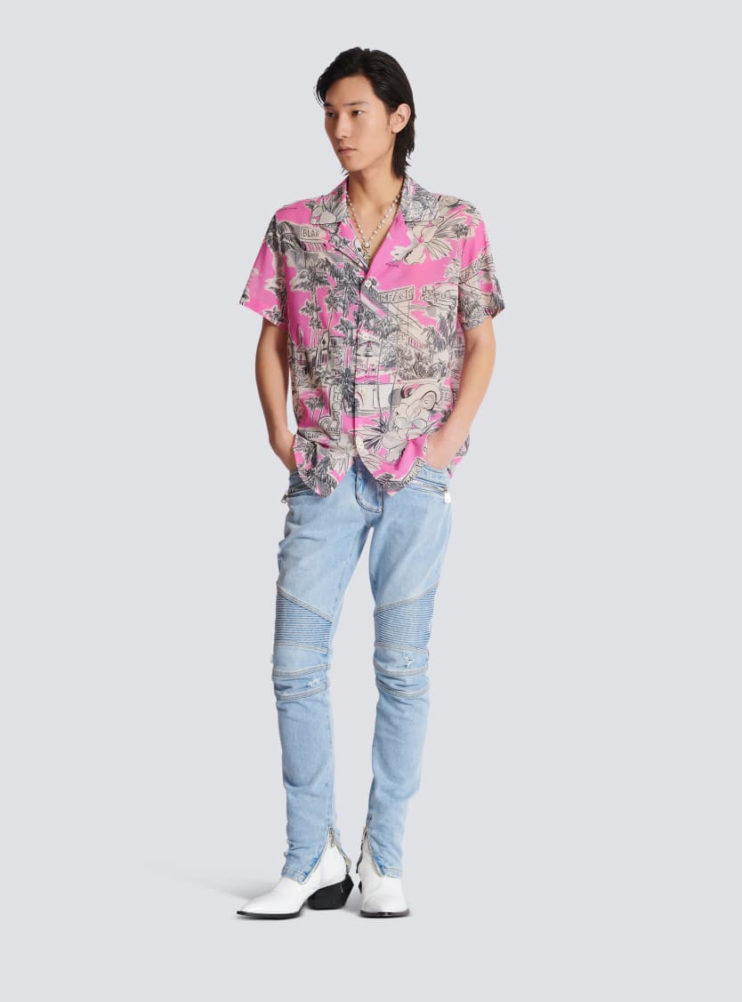 Light blue denim biker jeans