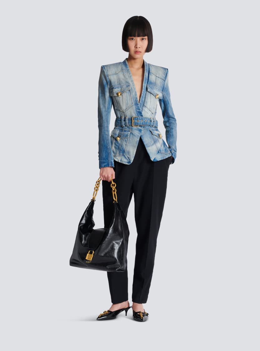 1-button belted denim jacket
