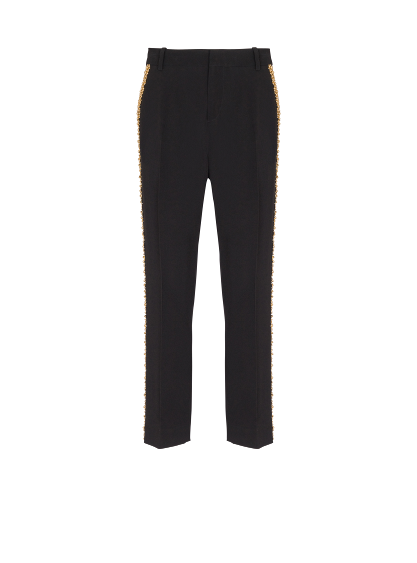 Embroidered crepe straight-leg tailored trousers