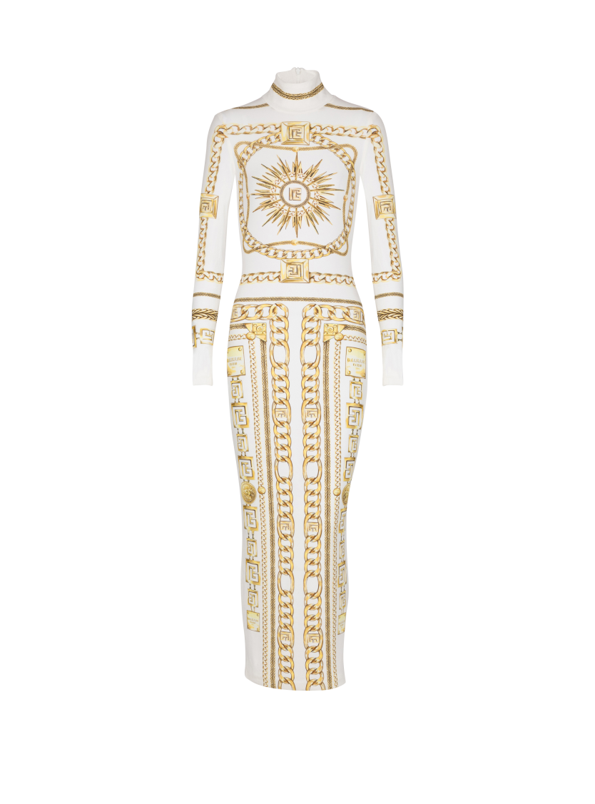 Long printed bodycon dress with Balmain Foulard pattern