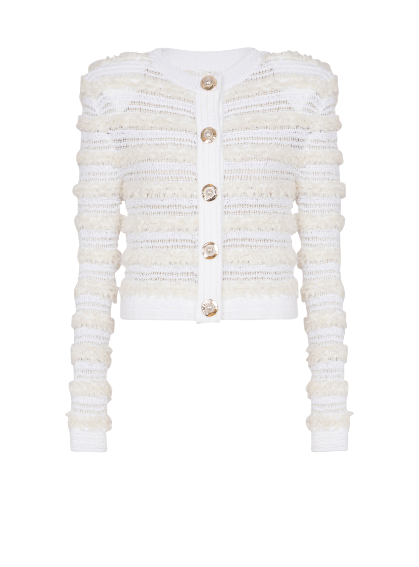 Long-sleeved tweed-effect knit cardigan