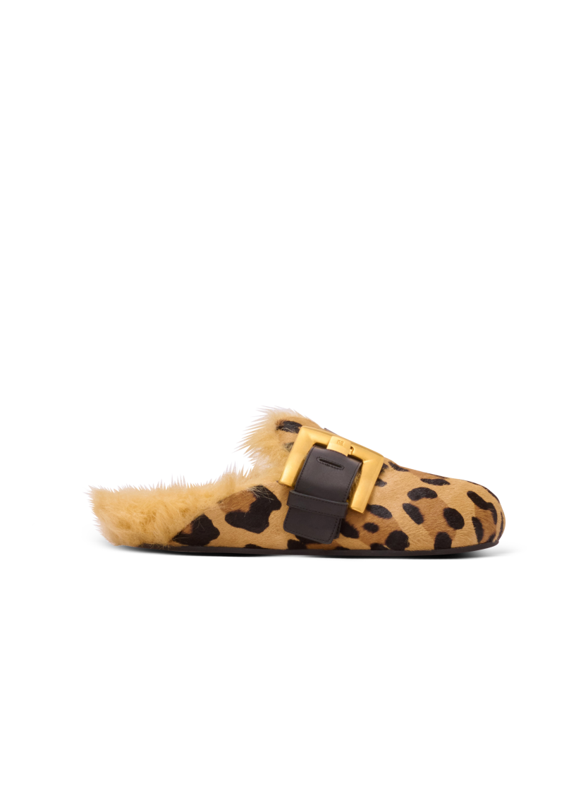 Anthem leopard print ponyskin leather and faux fur mules