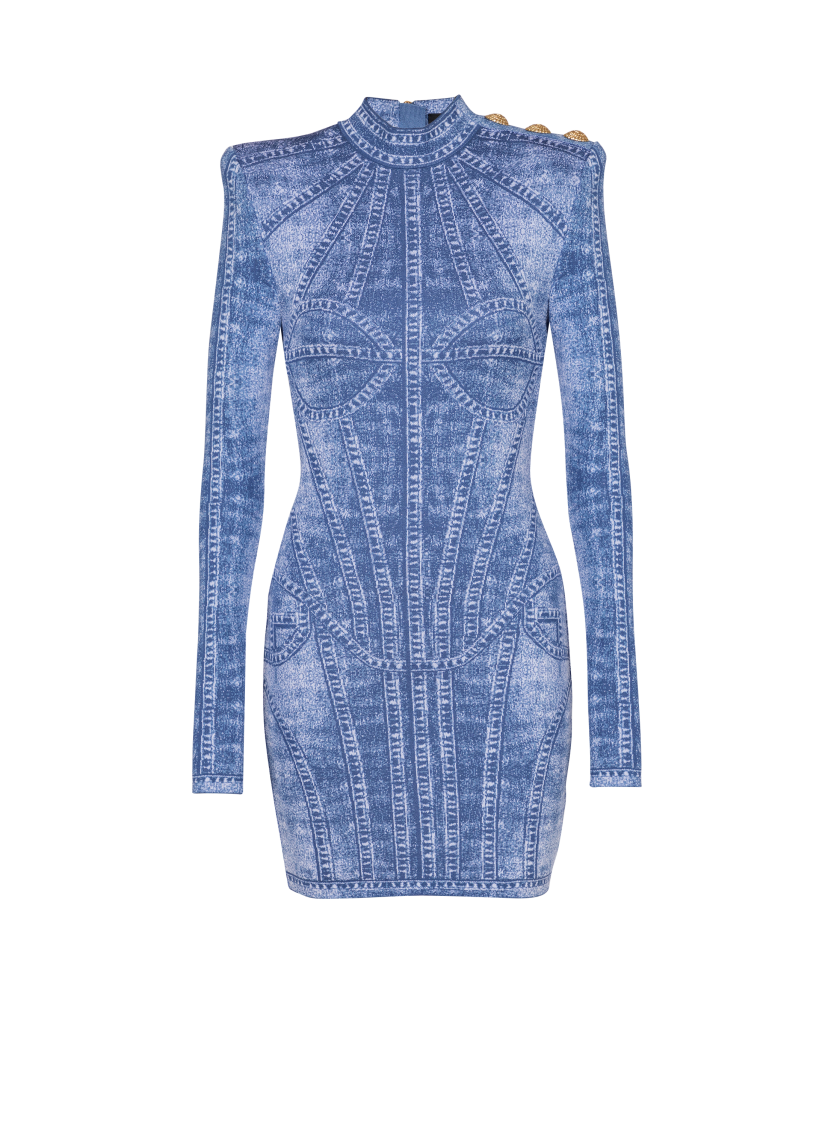 Short jacquard knit dress with denim effect