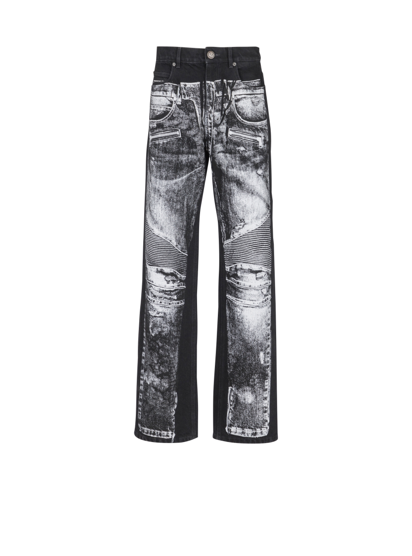 Loose-fit denim jeans with a biker print