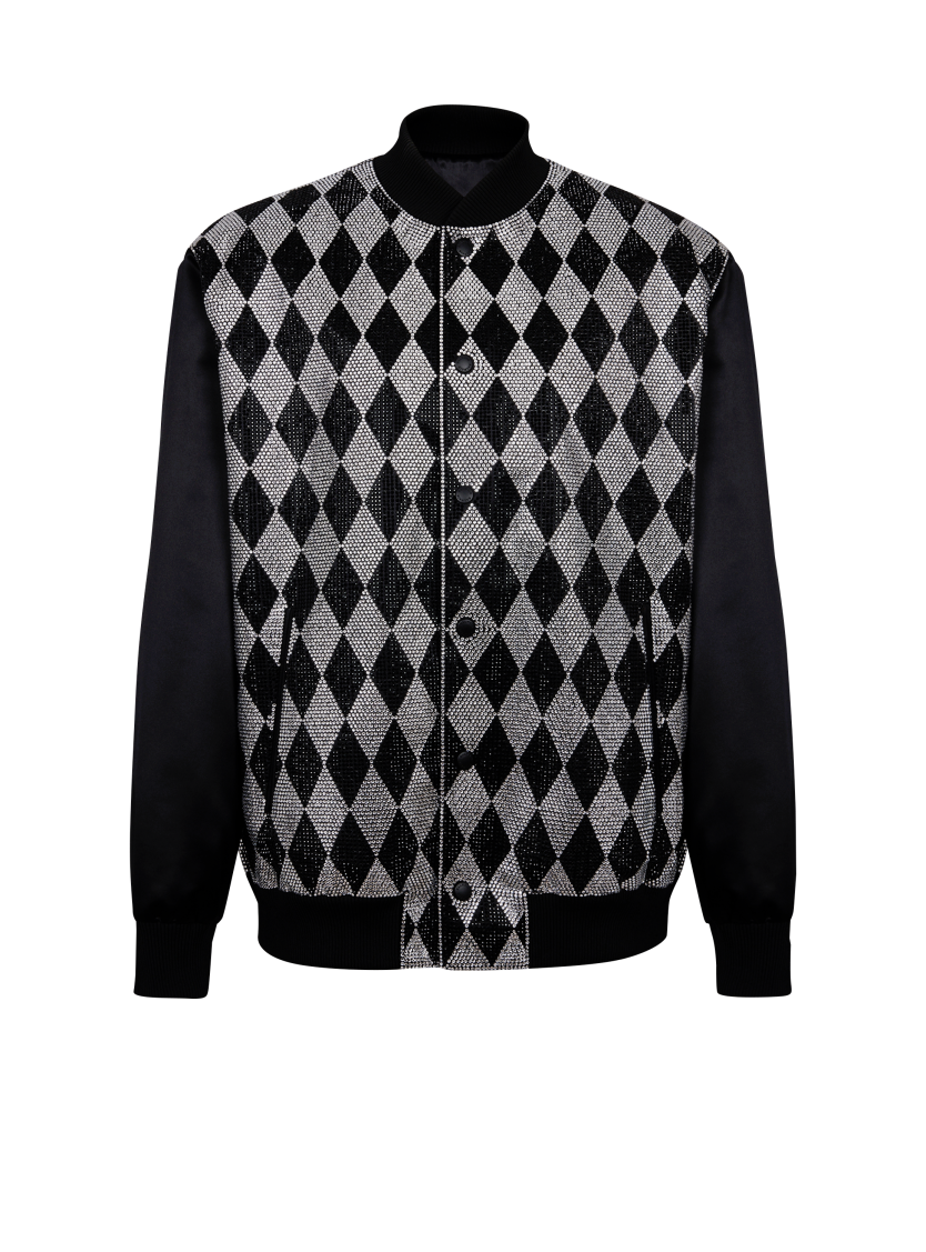 Diamond satin bomber jacket with rhinestones