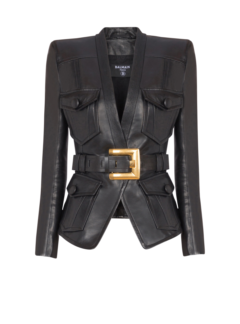 1-button belted leather jacket