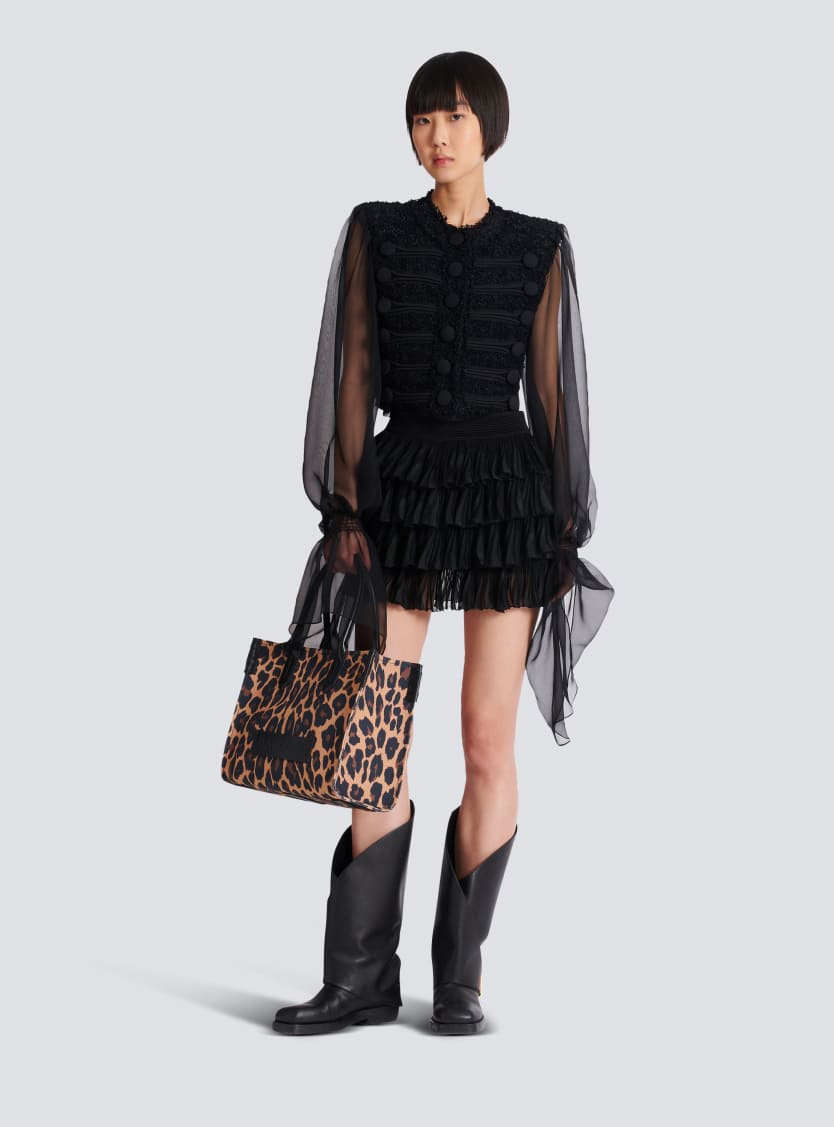 Edge-to-edge tweed and chiffon jacket